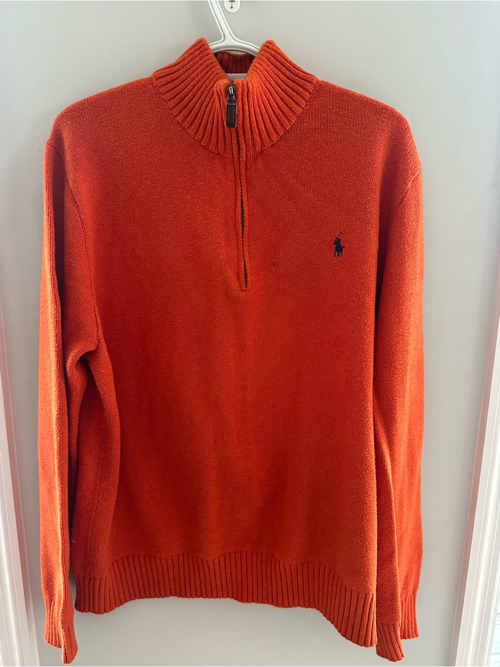 Ralph Lauren Men's Orange Zip-Neck Sweater with Navy Logo